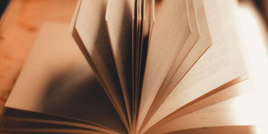 Nahaufnahme eines aufgeschlagenen Buches mit aufgefächerten Seiten